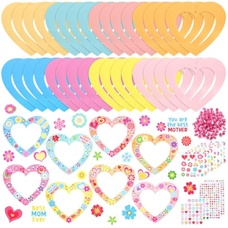 72 Pcs Mother's Day Heart Wreath Craft Kit with Stickers, Pom Poms & Ribbon