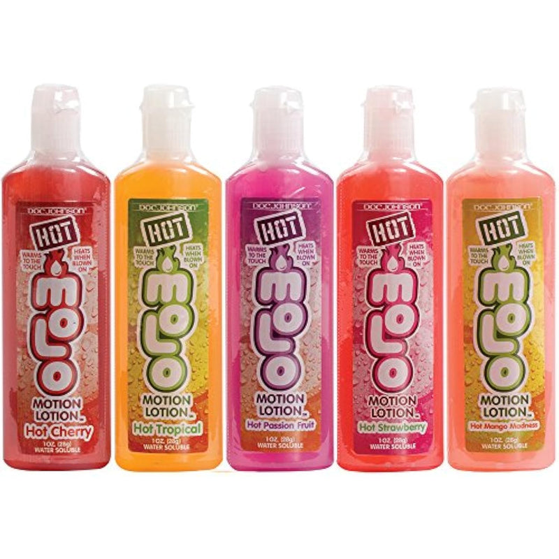 Doc Johnson Hot Motion Lotion - 5 Flavor Variety Pack - Flavored Warming Water-Based Body Glides - Warms to the Touch - Heats When Blown On - 5 x 1 fl.oz. (5 X 29.5 ml) - Multi-Colored