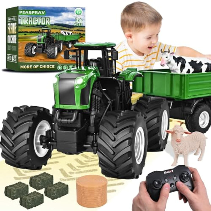 Remote Control Tractor Toy With Rc Trailer -23.6 Inches 1/16 Scale Rc Monster Truck- 2.4Ghz Toddlers Farm Vehicle Toys Set For Boys Girls Kids Ages 3-8 Year Old Birthday Gift