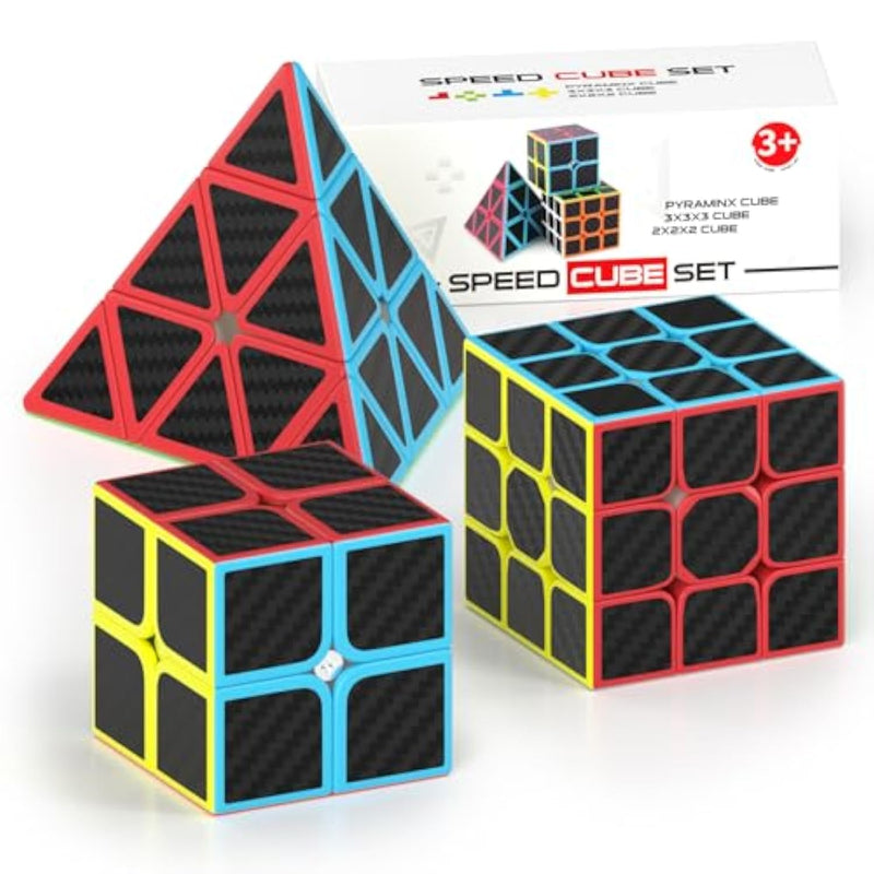 Speed Cube Set, 2X2X2 3X3X3 Pyramid Magic Cube Set, Puzzle Cube Toys Birthday Party Christmas Stocking Stuffers Gift For Kids Teens Adults(Carbon Fiber Sticker)