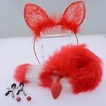3 Pcs Set Silicone Red Fox Tail Anal Plugs.Adult Soft Cat Ears Cosplay G-Spot Papilla Chest Stimulation Masturbator Tease Orgasm Sex Toy For Women Female Men Male Unisex