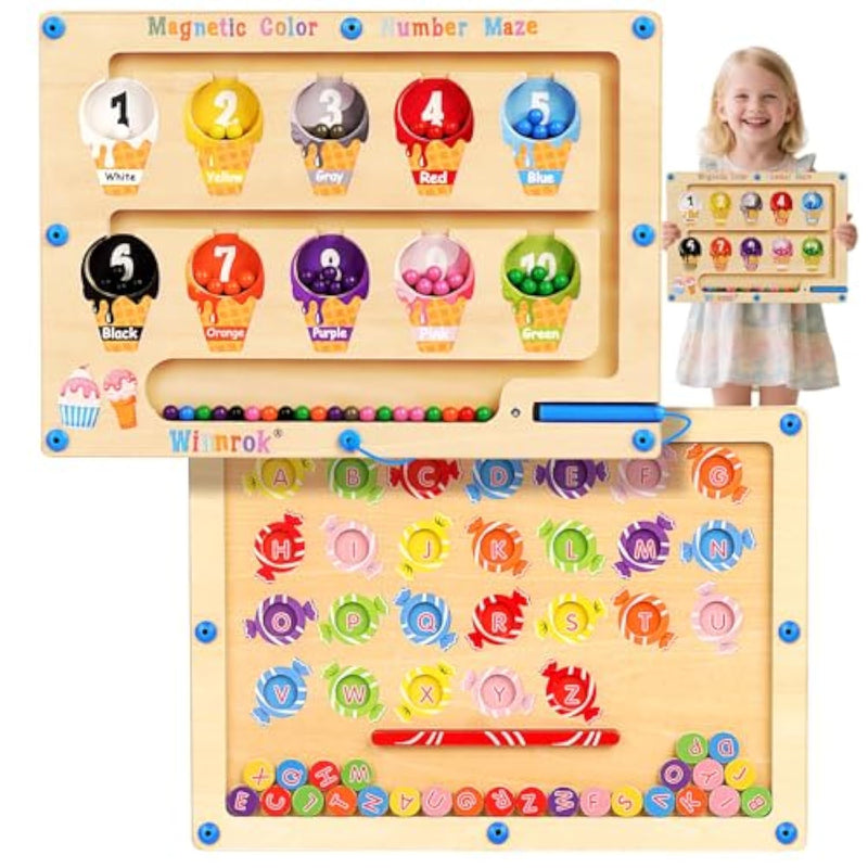 2 In 1 Magnetic Color And Number Maze, Abc Alphabet Puzzles Board Magnet Ice Cream Toys, Montessori Educational Magnet Puzzle, Preschool Learning Counting Toys For 2 3 4 5 Christmas Birthday Gifts