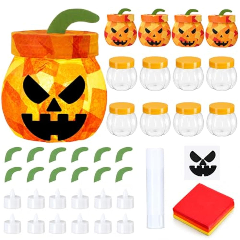 12 Pcs Halloween Pumpkin Craft Kit with LED Candle Light and Tissue Paper Decoration