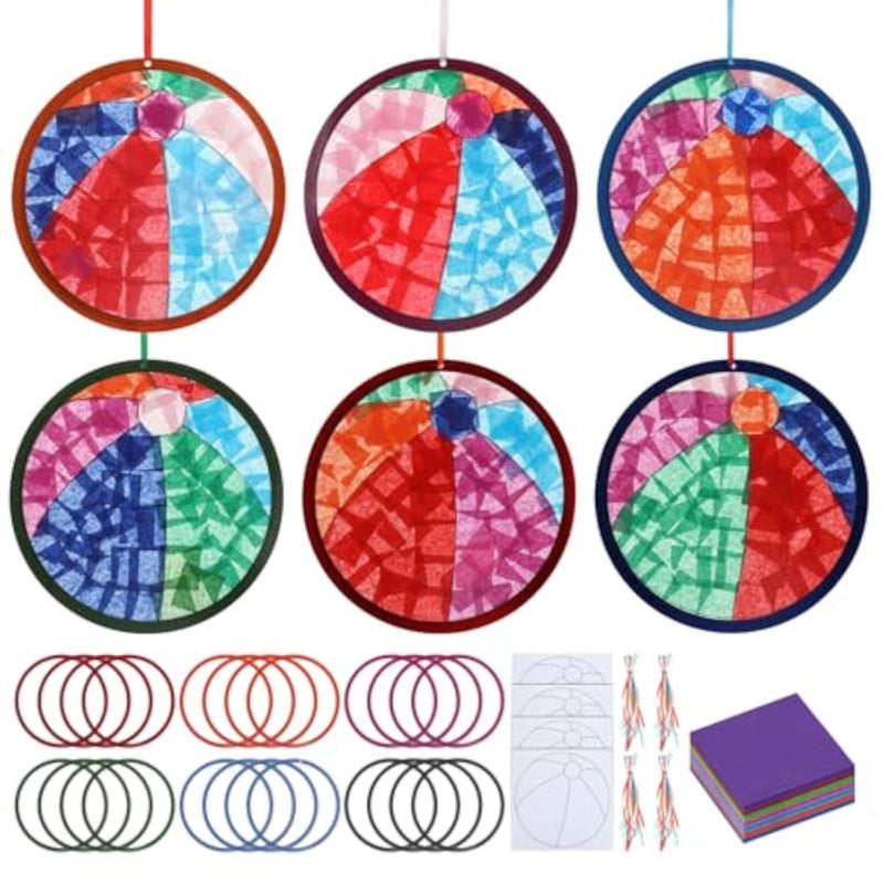 24 Sets Summer Beach Ball Suncatcher Craft Kit, DIY Tissue Paper Window Art