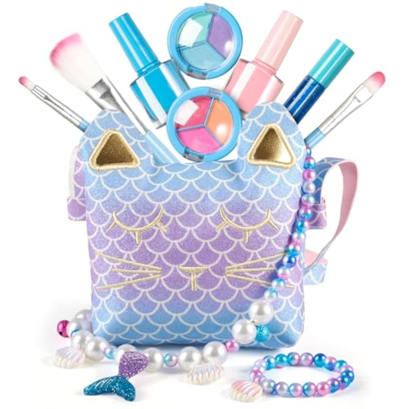 Mermaid Makeup Kit For Girls Kids Toddlers, Mermaid Toys For Age 3 4 5 6 7 8 Year Birthday, Girls Purse Non-Toxic Make Up Jewelry Toys