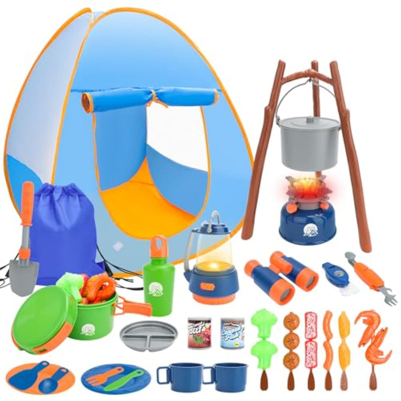 Kids Camping Toys Set With Pop Up Play Tent,32 Pcs Outdoor Pretend Camping Toys With Light & Spray For Boys Girls Age 3 4 5 6, Gift For Kids