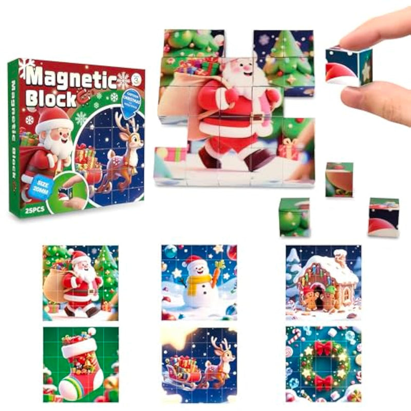 Magnetic Blocks Building Toy, 25Pcs Mine Stacking Magnet Build Cubes Cartoon Pattern World,Stem Sensory Construction Toys For Kids Gift,Educational Jigsaw Puzzle Set With 3D Christmas Designs