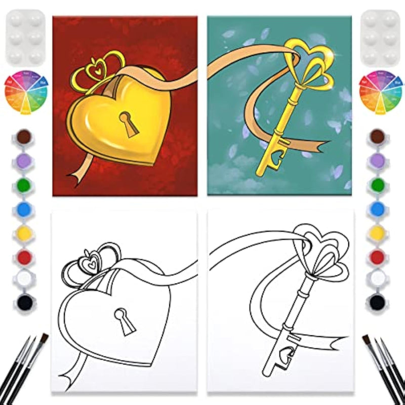 2 Pack Paint And Sip Canvas Painting Kit Pre Drawn Canvas For Painting For Adults Stretched Canvas Couples Games Date Night Lock Key Paint Party Anniversary Valentine'S Day (8X10)