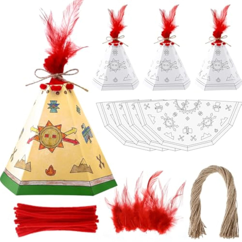 24 Set Color Your Own Teepee Craft Kit for Kids with Bars, Rope & Feathers