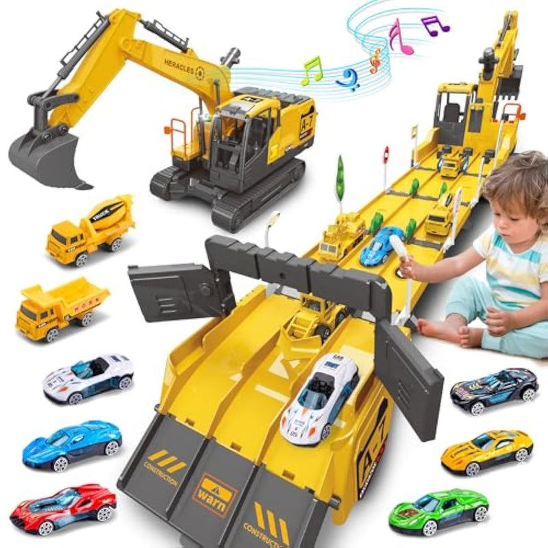 Toys For 3 Year Old Boys,Excavator Toys For Kids With 6 Metal Racing Cars And 2 Engineering Vehicle,Foldable Ejection Vehicle With Lights & Sound For 3 4 5 6 7 Years Old Gifts