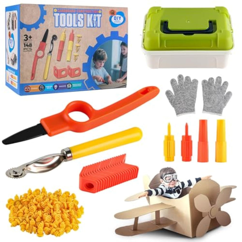 Cardboard Cutting Tools For Kids With Storage Box,Safe Diy Cutter,148 Pcs Construction Kit For Family & Team Activities,Creative Educational Toys Gift For Boys And Girls,5 6 7 9,Building Set,Ageds 4+