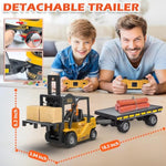 Rc Forklift Toy With Trailer, Kids Forklift Construction Toys Set With Flatbed Truck & Crane Toy Hook, 2 Battery/Spray/Light, Remote Control Forklift Toys For 6 7 8 9 10-12 Year Old Boys Gift