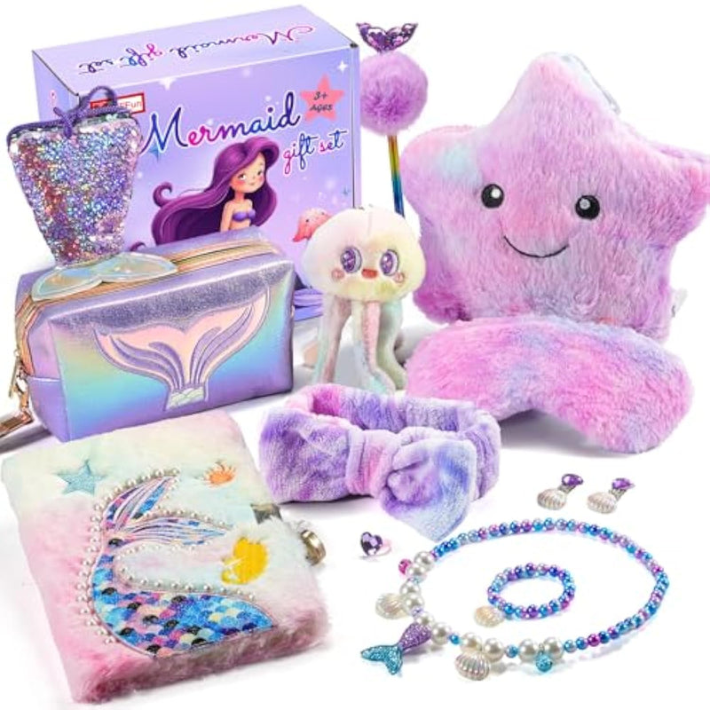 Mermaid Gift Set For Girls 4 5 6 7 8 9 10 Years Old, Mermaid Toys For Little Girls Age 4-6 6-8 8-10 Birthday Gifts With Light Up Star Pillow, Jewelry, Diary, Accessories, Princess Toys