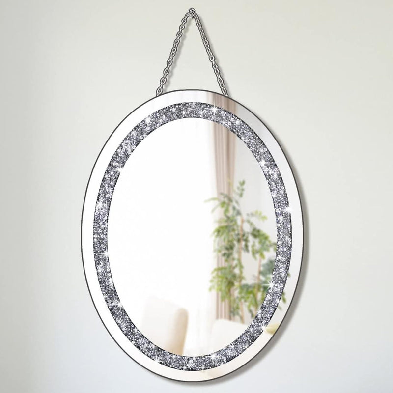 Crystal Crushed Diamond Oval Shaped Glam Bling Silver Mirror With Silver Stain