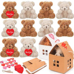 10 Pcs Mini Bears Plush Stuffed Small Fuzzy Bulk Animal Doll, Curly Teddy Bear Party Favors Valentine'S Day Gift Toys With Paper Houses For Kids' Birthday Party Supplies(Brown, Apricot)