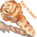 Glass Anal Beads Golden Butt Plug Prostate Massager With Long Neck, Rose Round Base And 4 Gradual Beads Fetish Bum Plug Anal Dilator Masturbation Sex Toy For Men Women, 5.59 X 1.14 Inch