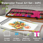 34 Piece Watercolor Pencil Travel Art Set with 50-Sheet Drawing Pad & Brushes