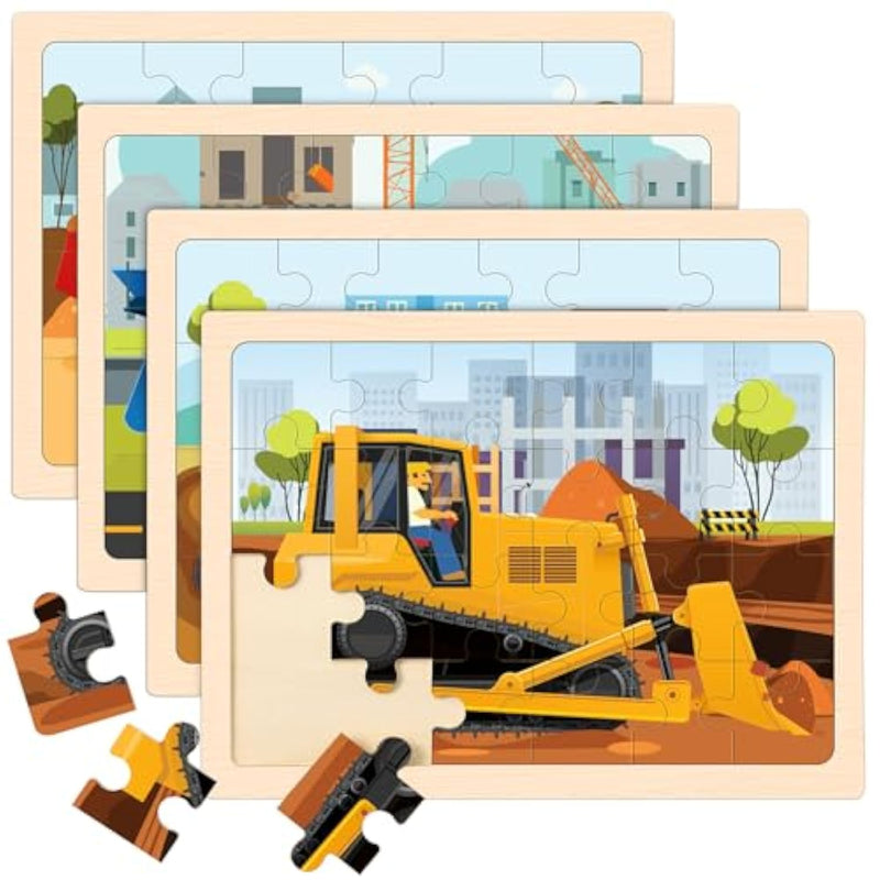 Wooden Puzzles For Kids Ages 4-6, 4 Packs 24 Pcs Construction Vehicle Jigsaw Puzzles For Kids Ages 3-5, Preschool Educational Puzzles Boards Toys Gifts For Boys Girls