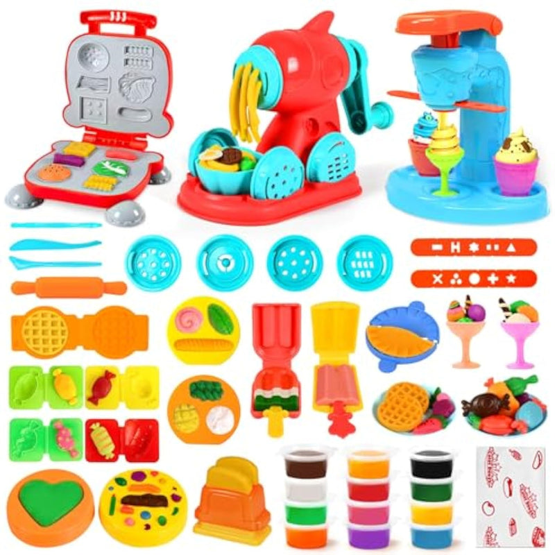 3 In 1 Dough Sets 59 Pcs For Kids Ages 4-8, Dough Tools Kit With Ice Cream Noodle Hamburger Maker Machine, Kitchen Creations Art Crafts Food Play Toys For Boys Girls Kids Toddlers Ages 3+