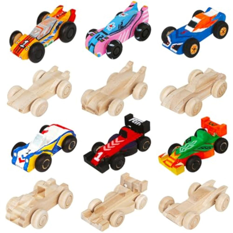 12 Unfinished Wooden Cars for DIY Painting & Woodworking Crafts