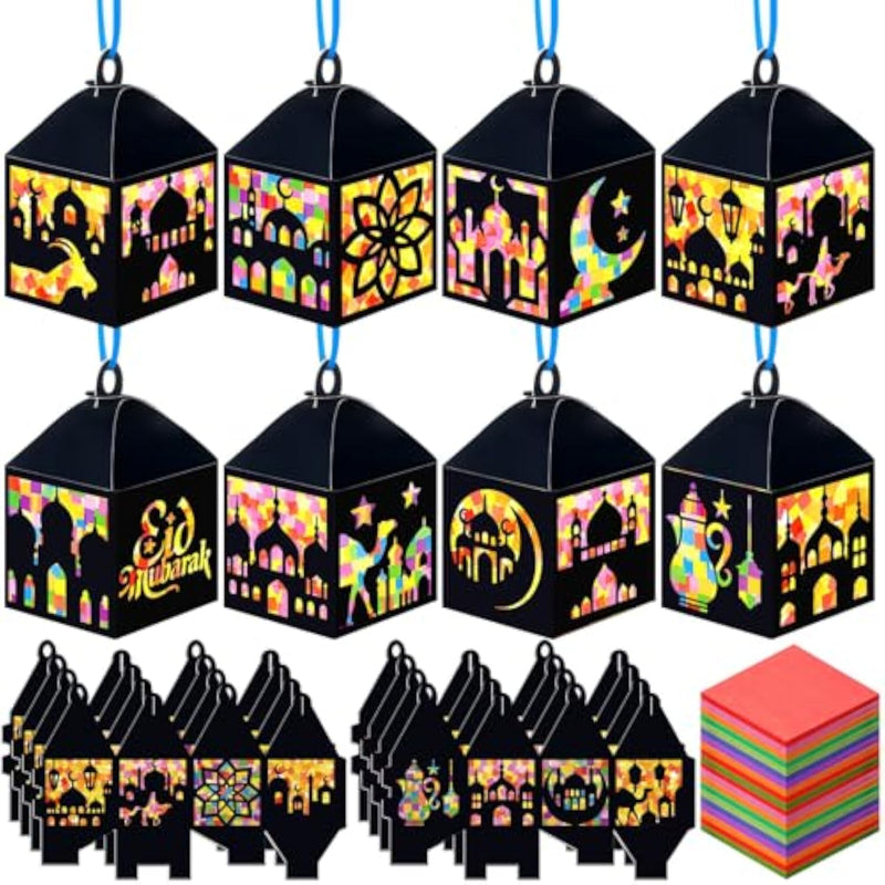 24 Set Eid Mubarak Suncatcher Craft Kit, DIY Ramadan Lantern Decorations for Kids