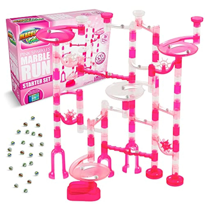 Marble Run Starter Set Stem Toy For Kids Ages 4-12 - 130 Complete Pieces (80 Translucent Marbulous Pieces And 50 Glass Marbles), Construction Building Block Toys, Pink,