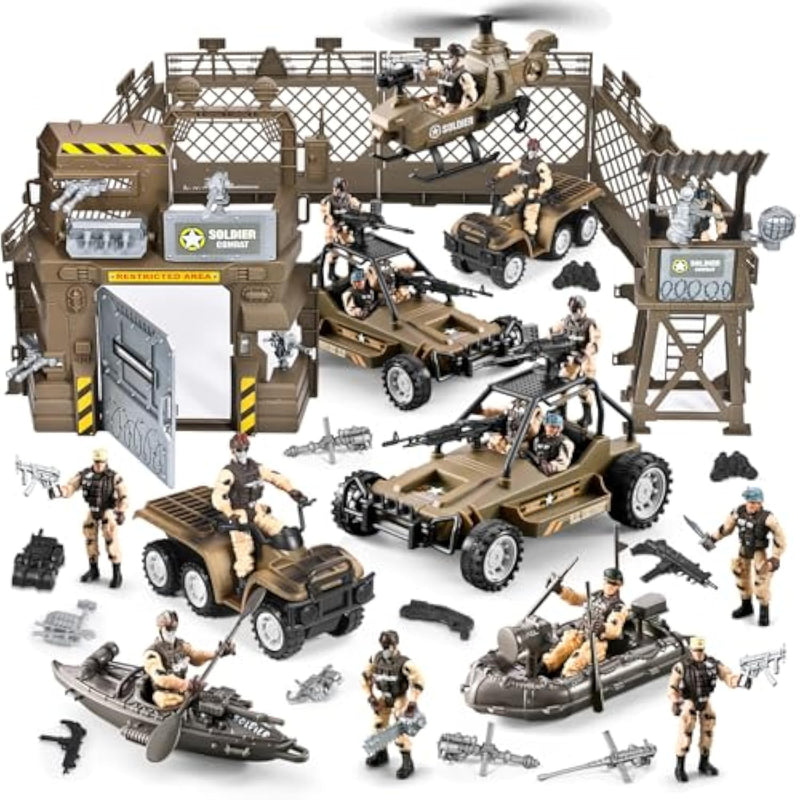 86-In-1 Army Men Toys For Boys 4-7 6-8 8-12, Military Base/Truck/Kayak Boat/Motorcycle/Helicopter/Army Men Action Figures/ Weapon Gear Accessories, Military Combat Toys Boys Christmas Birthday Gifts