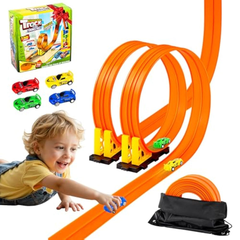 16.4 Ft Flexible Race Track For Kids, Portable Diy Roll-Up Flex Race Car Tracks With Suction Cups Compatible With Diecast 1/64Th Cars Birthday Gift Stocking Stuffers For Boys Girls Ages 3 4 5 +