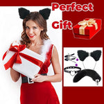Anal Plug Butt Plug Adult Sensory Toys, 4Pcs/Set Fox Tail Anales Plug Toys With Cat Ears Headband And Necklace Metal Breast Clip Anal Sex Toys For Women Men Beginners Adult Couples Bondage, Black
