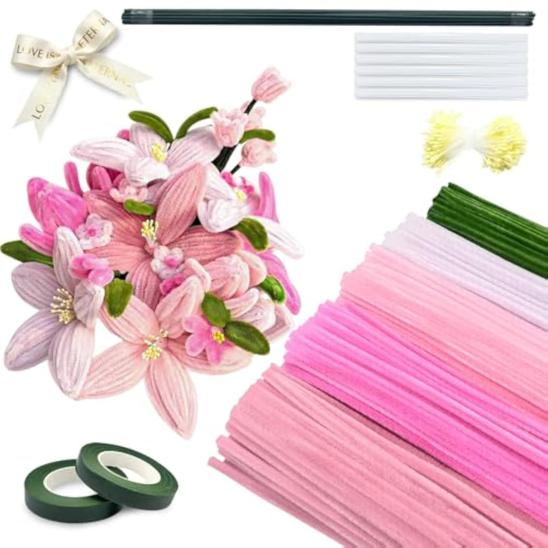 400 Pcs Pipe Cleaner Flower Craft Kit with Floral Wire, Tape, Stamen & Ribbon