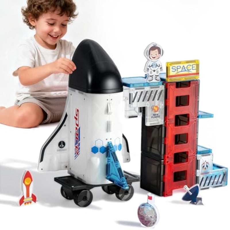 Space Theme Magnetic Tiles Building Set, 30-Piece Construction Toy With Rocket Ship Design, Educational Stem Playset For Kids