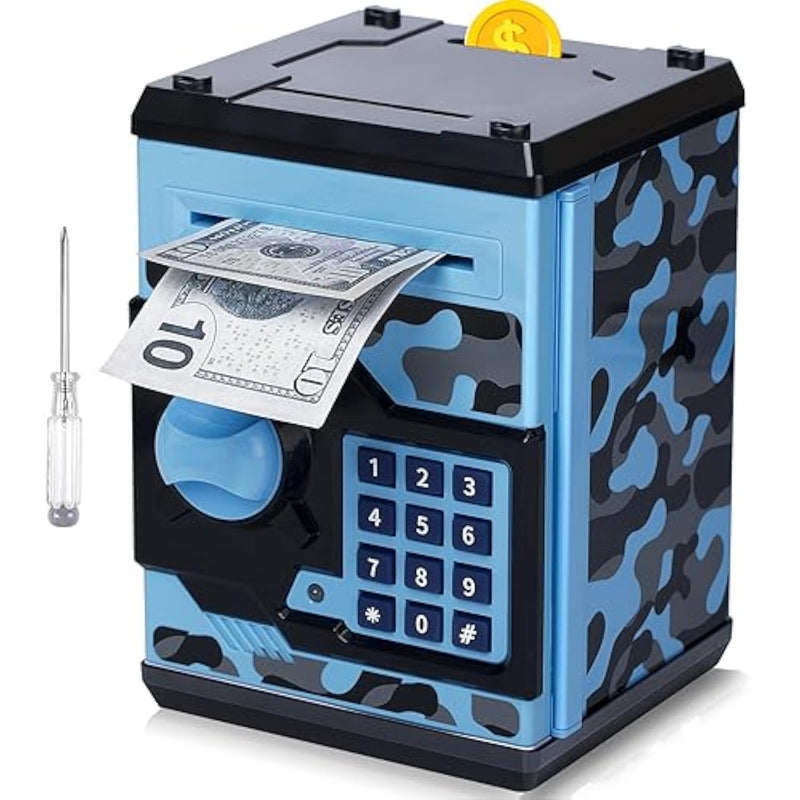 Atm Piggy Bank For Boys Girls, Mini Atm Coin Bank Money Saving Box With Password, Kids Safe Money Jar For Adults With Auto Grab Bill Slot, Great Gift Toy Bank For Kids (Camouflage Bluegray)