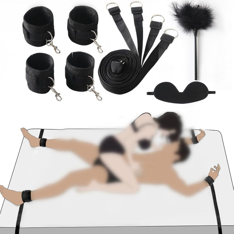 Aduhelntu Sex Bdsm Bondage Kit For Couples Sex Bed Straps Restraints Set With Fetish Comfy Ankle & Wrist Cuffs Blindfold Tickler For Adults Sm Sex Play Games