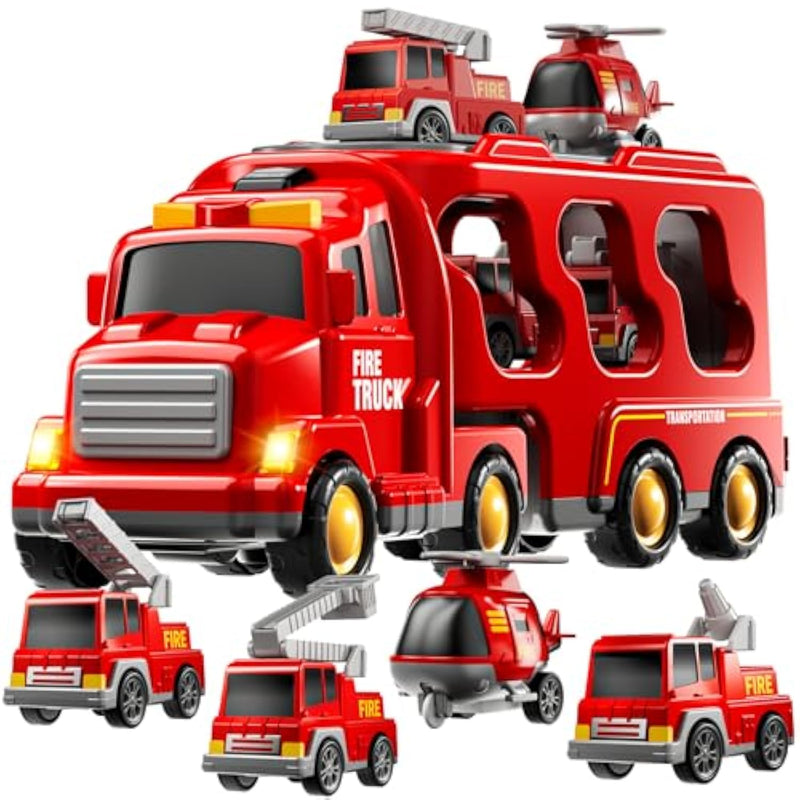 Fire Truck Toys For Toddler 1-3 3-5, 5-In-1 Fire Car Carrier Vehicle Set For Girls 1 2 3 4 5 6 Years Old, Transport Car With Light Sound, Birthdays Gifts For Kids Girls Aged 3-9