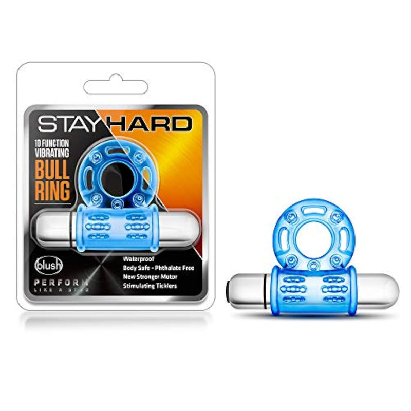 Blush Stay Hard Bull Ring 3-In-1 Vibrating Penis Ring, Partner'S Clitoral Stimulator, 10 Powerful Vibes, Ipx7, Tpe Soft Stretchy Cock Ring - Love Enhancer Adult Sex Toy For Men & Couples Play - (Blue)