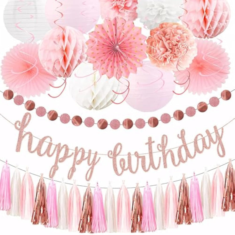 Birthday Party Decorations 22 Pcs, Birthday Celebration Decoration Set, Rose Gold Party Decor, Paper Fans, Lanterns, Pom Poms, And Tassels For Birthday Celebrations