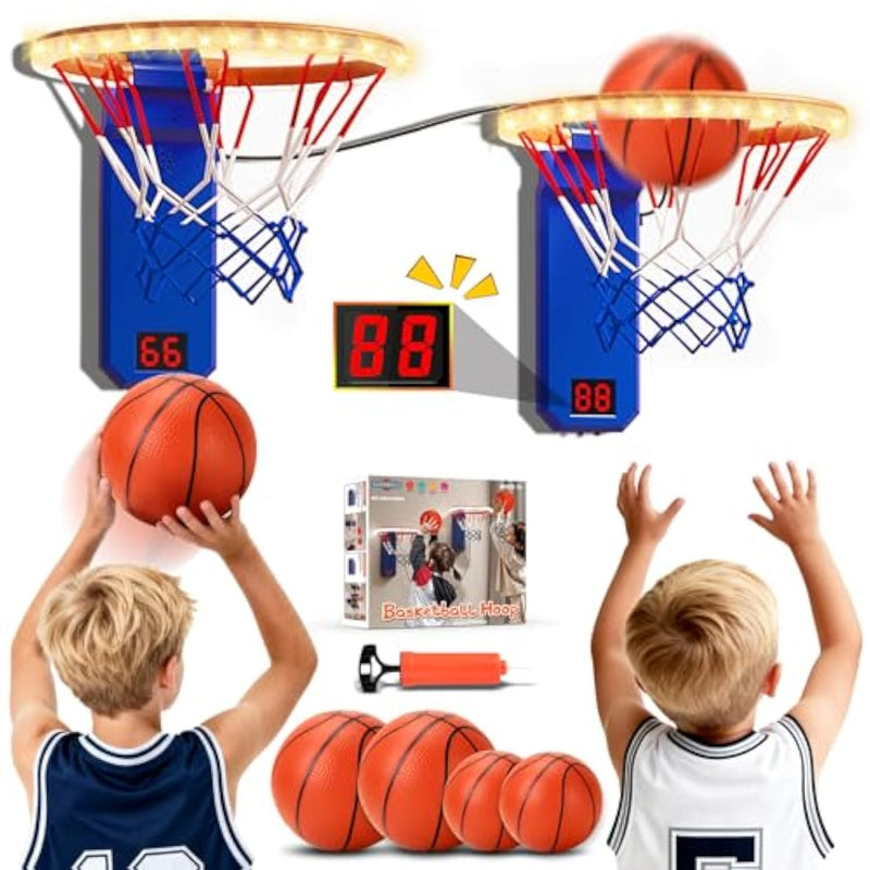 Indoor Mini Basketball Hoop For Kids, 2 Pcs Basketball Hoops With Led Scoring & Sound, Adjustable Height Mini Hoop W/ 4 Balls, Dual Shot Electric Sport Toys Gifts For 3-10 Year Old Boys Girls