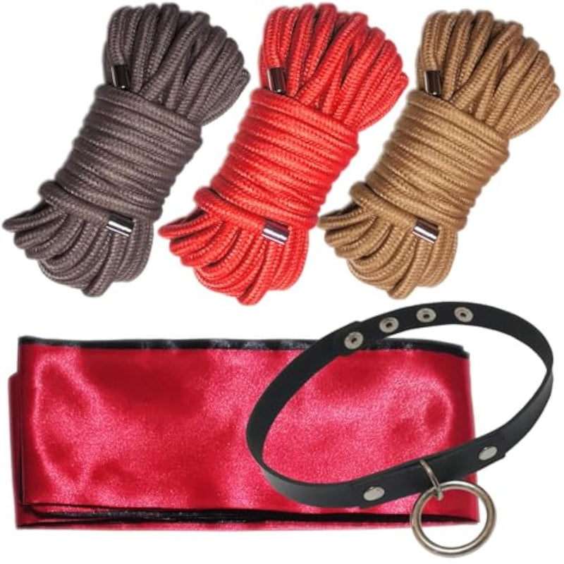 Bdsm Shibari Bondage Cotton Rope Kit For Bedroom Play Bondaged Rope For Sex Blindfold Silk Eye Mask,Adult Sex Toy For Women Couples'S Game,32 Feet 8Mm (3 Rope,1 Sm Collar,1 Satin Eye Mask)