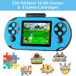16 Bit Handheld Game For Kids Adults, 3.0'' Large Screen Preloaded 230 Hd Classic Retro Video Games With Usb Rechargeable Battery & 3 Game Cartridges For Birthday Gift For Kids 4-12 (Blue)