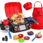 Kids Grill Playset Kitchen Toys With Apron Hat For Cooking Food Smoke Light Outdoor Pretend Play Accessories Bbq Outside Camping Barbecue Toddler Boy Toy 3 4 5 Year Old 4-8 Birthday Gift Valentine