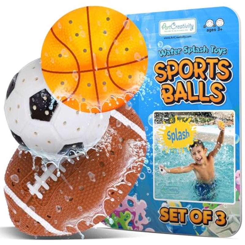Sports Balls Water Splash Toys - Set Of 3 - Spongy Bath Toys For Kids - 3 Different Athletic Ball Designs Include Football, Basketball, Soccer Ball - Bathtub Toys & Kids Pool Accessories