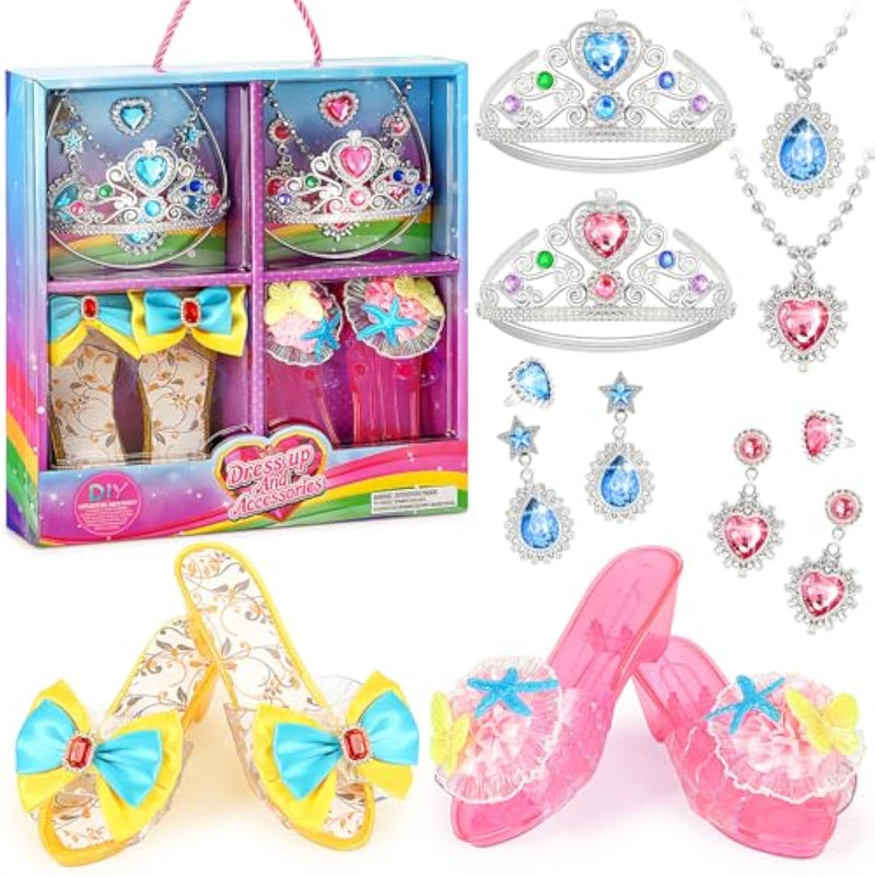 Princess Dress Up Shoes Set Girls Role Play Shoes Toddler Pretend Jewelry Toys Set Gift Set 2 Pairs Of Shoes Kit Collection Of Tiara Crown Earrings Necklace Rings For Girls Aged 3-6 Years Old