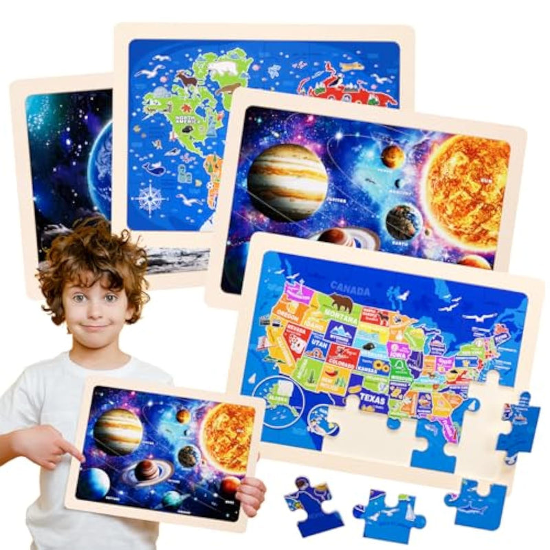 Jigsaw Puzzles Wooden Puzzles For Kids Ages 3-5 Preschool Educational Toddlers Toys United States Puzzle Space Universe World Usa Map Earth Exploration Gifts For 3 4 5 6 Year Old Boys Girls 4 Packs