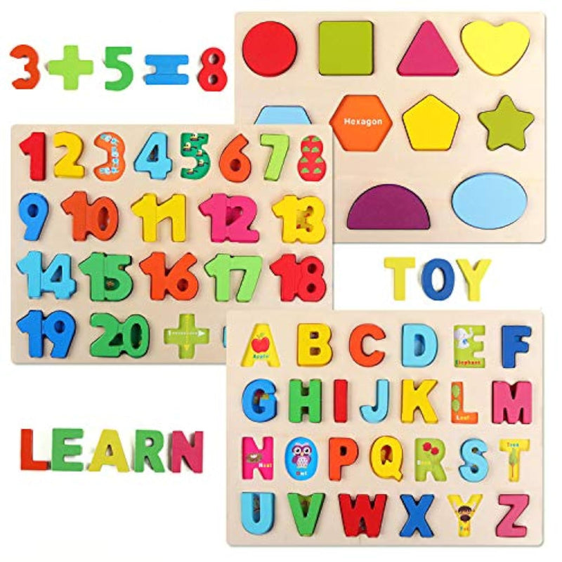 Wooden Puzzles For Toddlers, Wooden Alphabet Number Shape Puzzles Toddler Learning Puzzle Toys For Kids, 3 In 1 Puzzle For Toddlers, Age 3+ (Set Of 3)