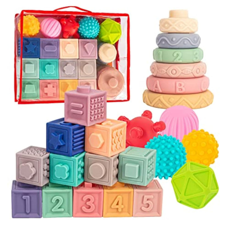 3 In 1 Montessori Toys For Babies 0-3-6-12 Months, Soft Baby Teething, Stacking Building Blocks For Infants, Sensory Developmental Education Toys For Toddler Baby 12-18 Months,23 Pcs
