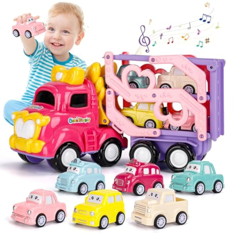 Car Toys For Toddler Girls 2, 3 Year Old, 7-In-1 Carrier Truck Toy With Light & Music, 3-Layer Transport Truck For 2 3 4 5 Girls, Preschool Educational Toys For 2 3 4 5 Year Old Girl