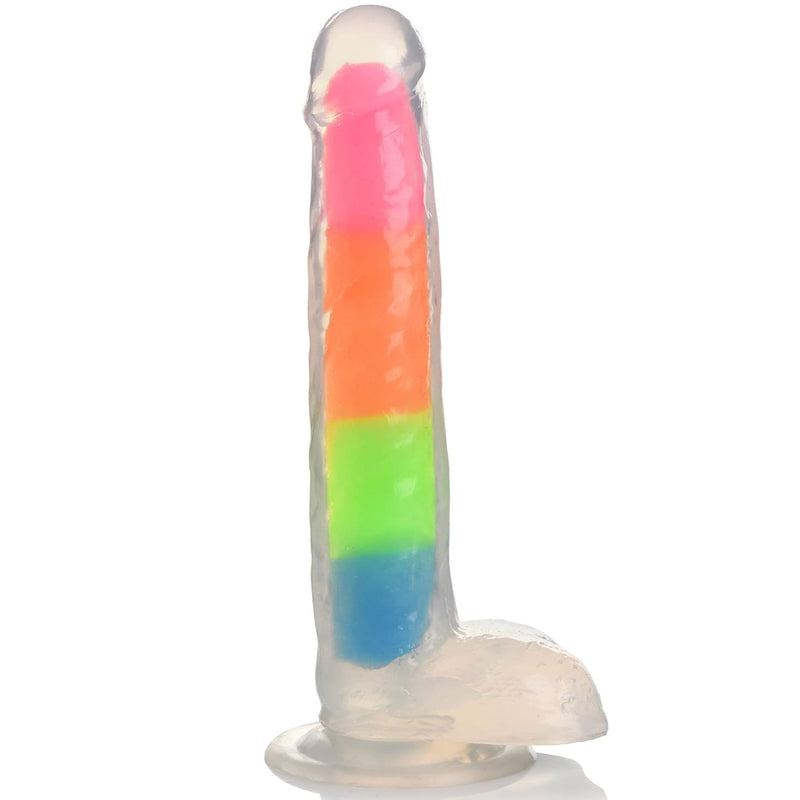 Lollicock 7" Glow-In-The-Dark Rainbow Premium Silicone Dildo With Balls For Men, Women, & Couples. Strong Suction Base Firm & Flexible Harness Compatible. 1 Piece, Rainbow