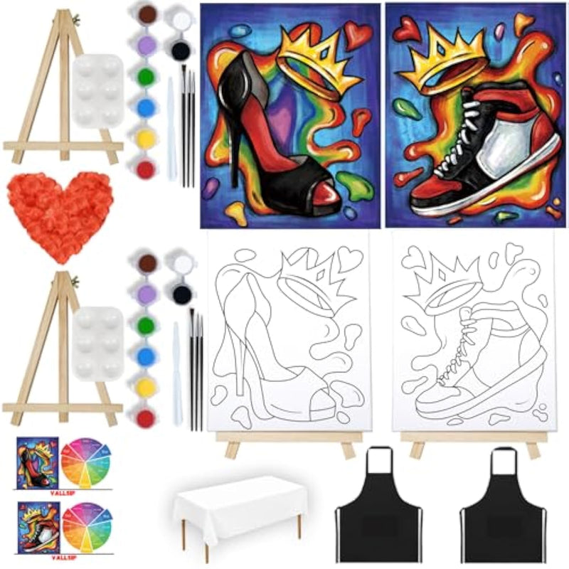2 Pack Paint And Sip Canvas Painting Kit Pre Drawn Canvas For Painting For Adults Stretched Canvas Couples Games Date Night Shoe Crown Anniversary Couple Paint Party 8X10