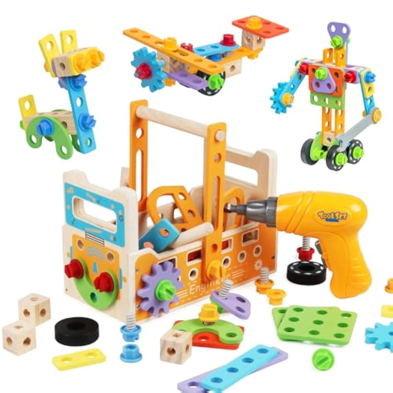 Wooden Kids Tool Set With Electric Screwdrivers, 91Pcs Educational Stem Construction Toys, Wooden Tool Bench Montessori Toy Tool Box For 3 4 5 Yo Boys & Girls Birthday Gift (91Pcs)