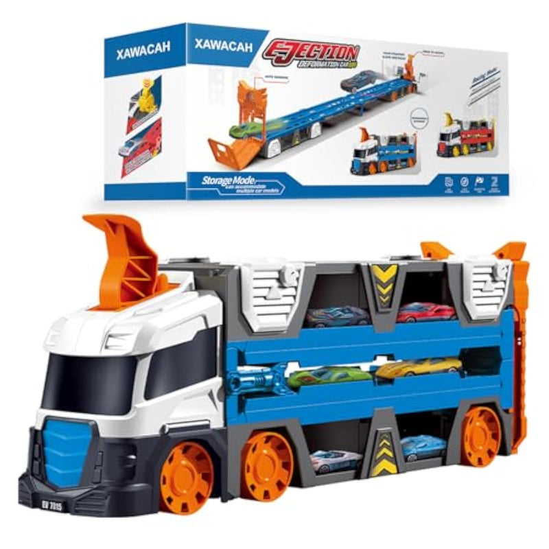 Toy Transporter Carrier Truck For Kids 3-5 Years Old, Foldable Truck Race Track With 6 Ejection Cars, Catapulting And Shooting Carrier Car Toy For Boys Girls Age 3 4 5 6 Years